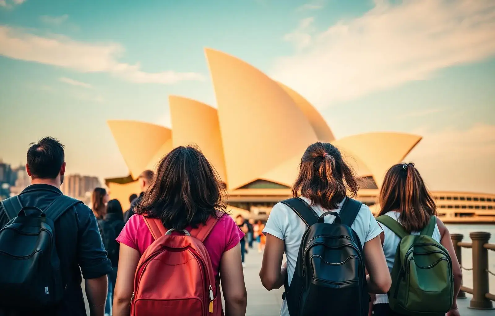 Estudantes caminhando em direção à Sydney Opera House